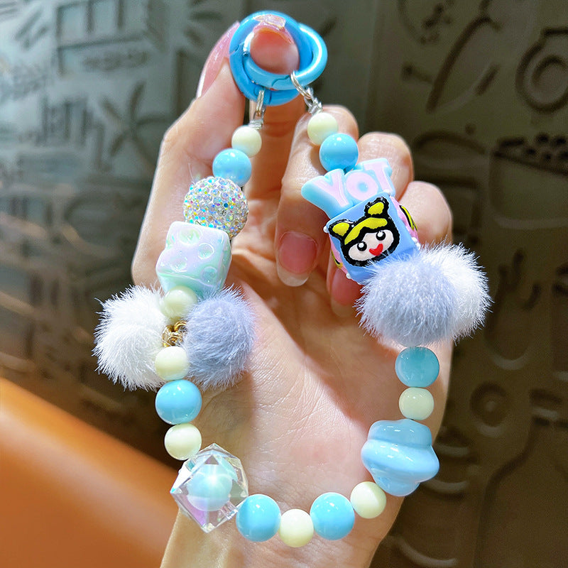 Hand-drawn and plush bead phone chain